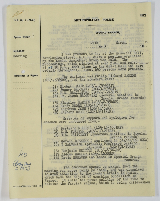 Special Branch report on protest meeting against Barcelona executions (1952) page 1