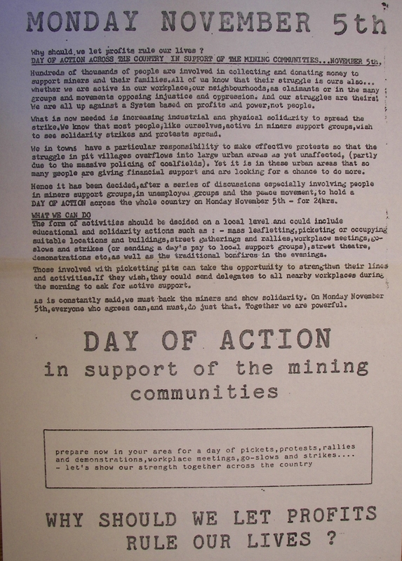 [5th November 1984 Day of Action in Support of the Mining Communities Leaflet]