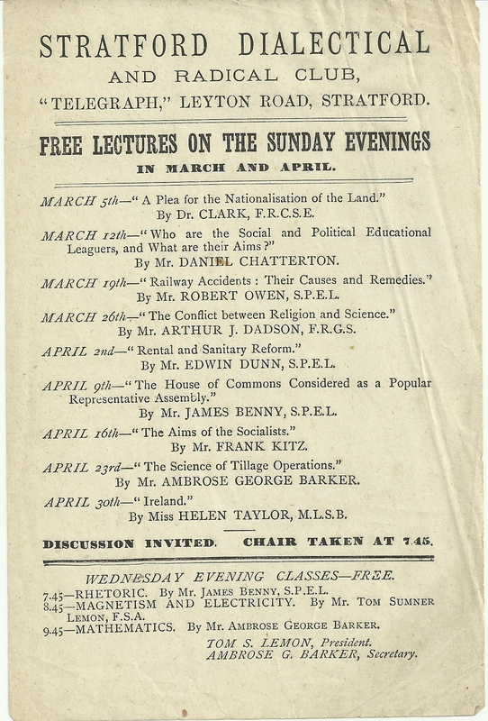 Stratford Dialectical and Radical Club: Free lectures on the Sunday evenings in March and April [1882]