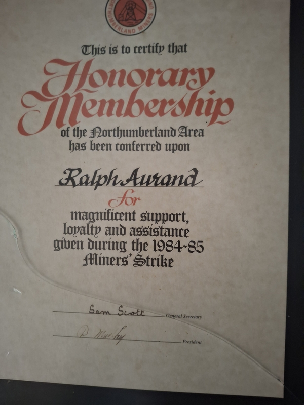 Ralph Aurand's Honorary membership of Northumberland Area of the NUM