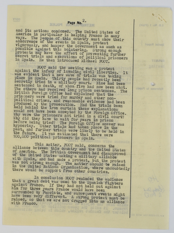 Special Branch report on protest meeting against Barcelona executions (1952) page 2