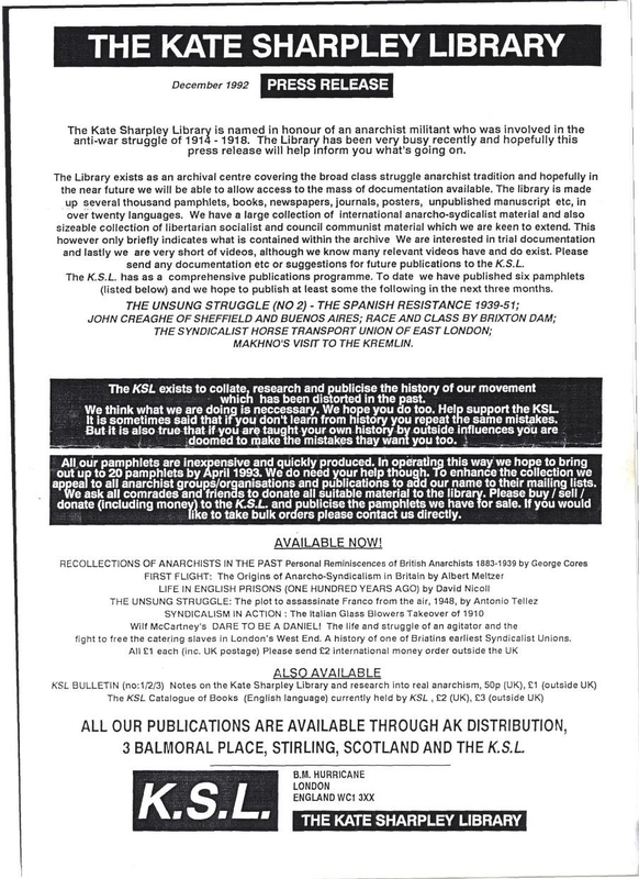 The Kate Sharpley Library December 1992 Press Release